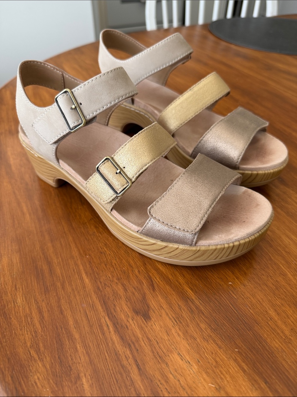 Dansko Women’s Neutral Beige Platform Sandals with Metallic Accent
